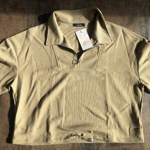 Women's Waffle Knit Short Sleeve Crop Tops V Neck Zipper shirt